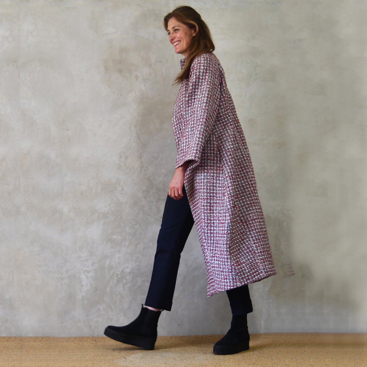 the long frink in red, ecru and navy wool boucle image 12