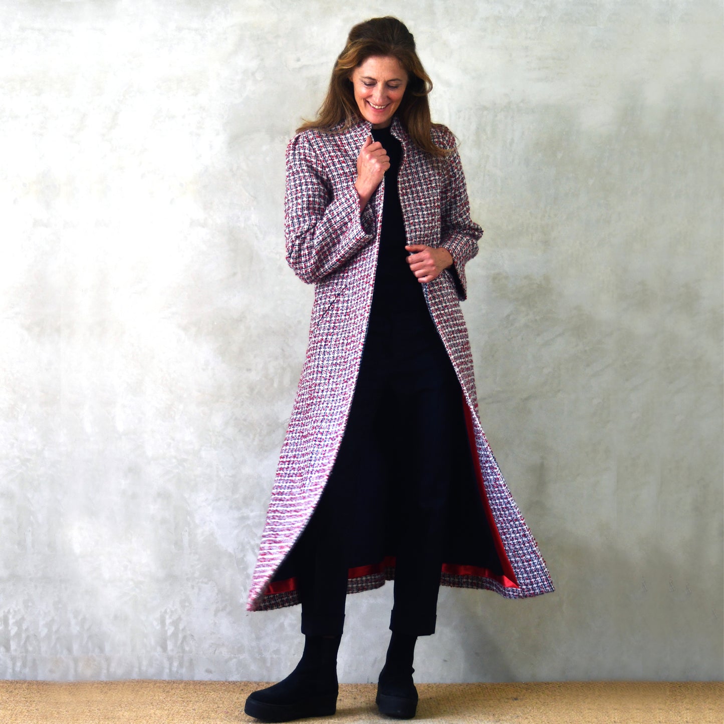 the bell coat in red, ecru and navy wool boucle image 0