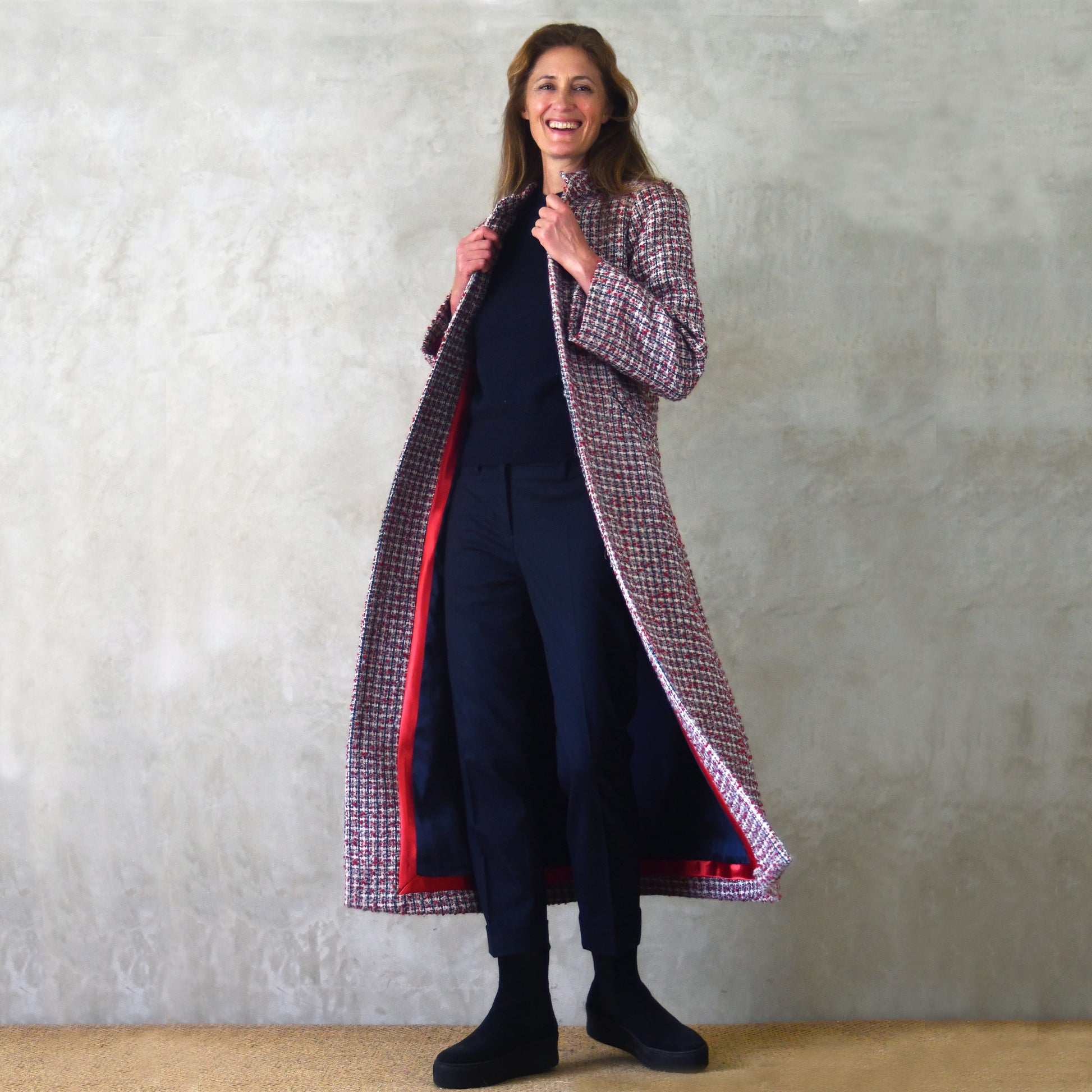 the bell coat in red, ecru and navy wool boucle image 12
