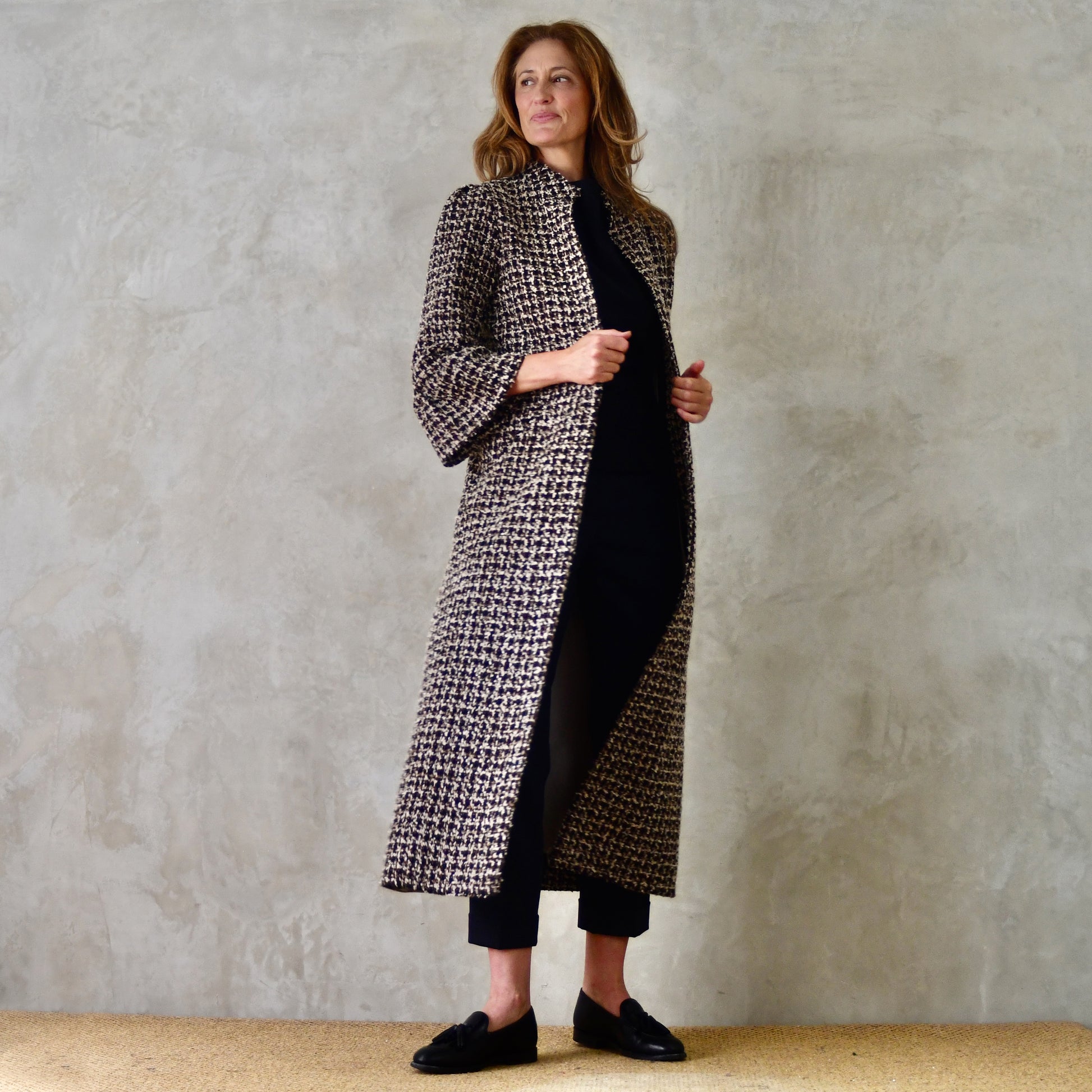 the delany coat in ivory, black, brown and copper bouclé image 7