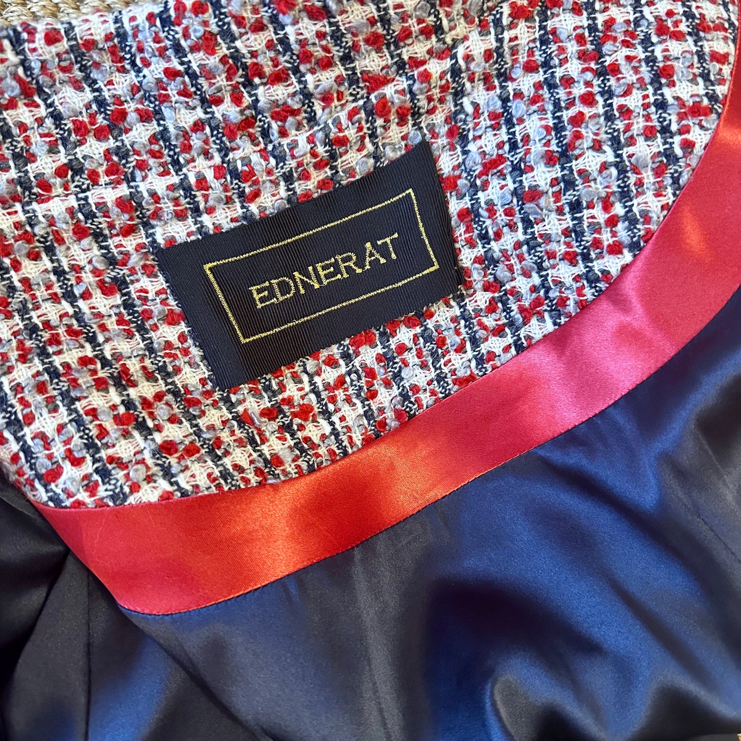 the bell coat in red, ecru and navy wool boucle image 9