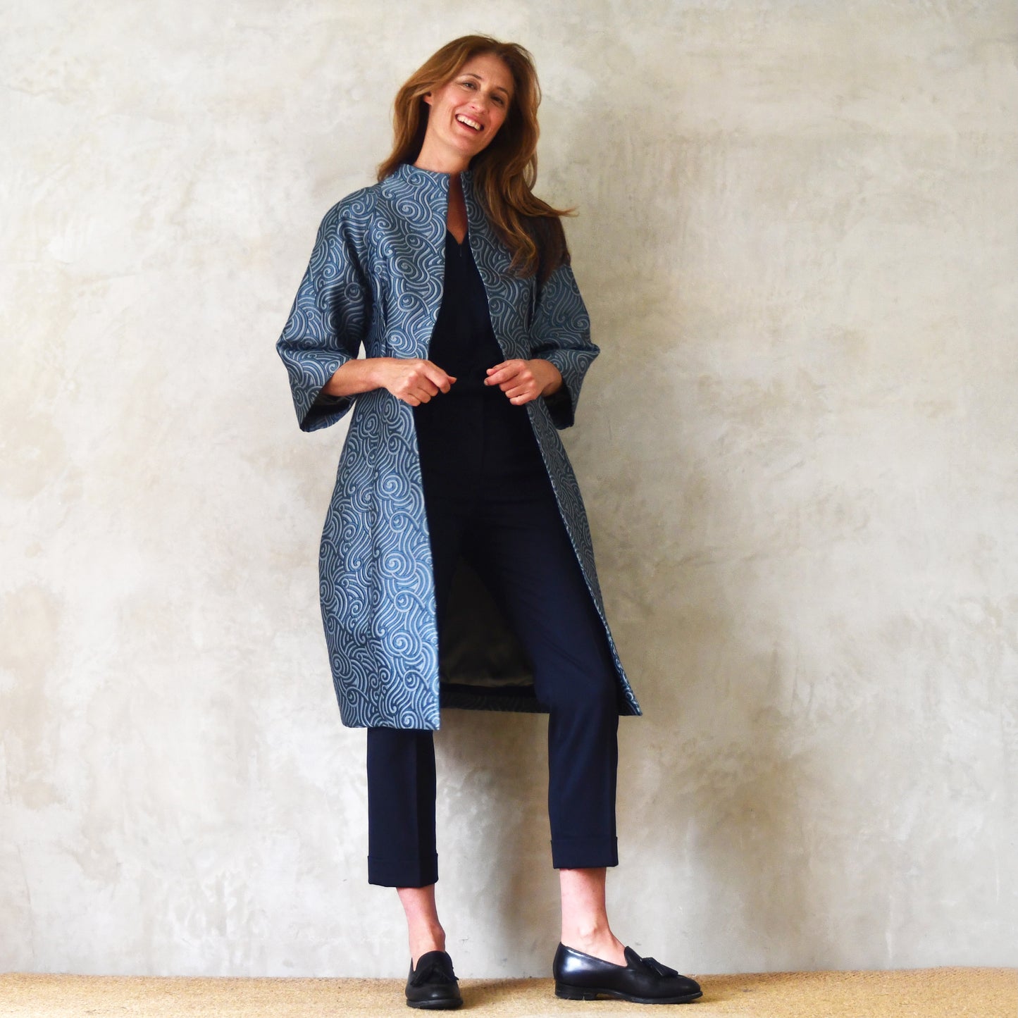 The Frink Coat in a Teal Swirl Silk Mix Brocade