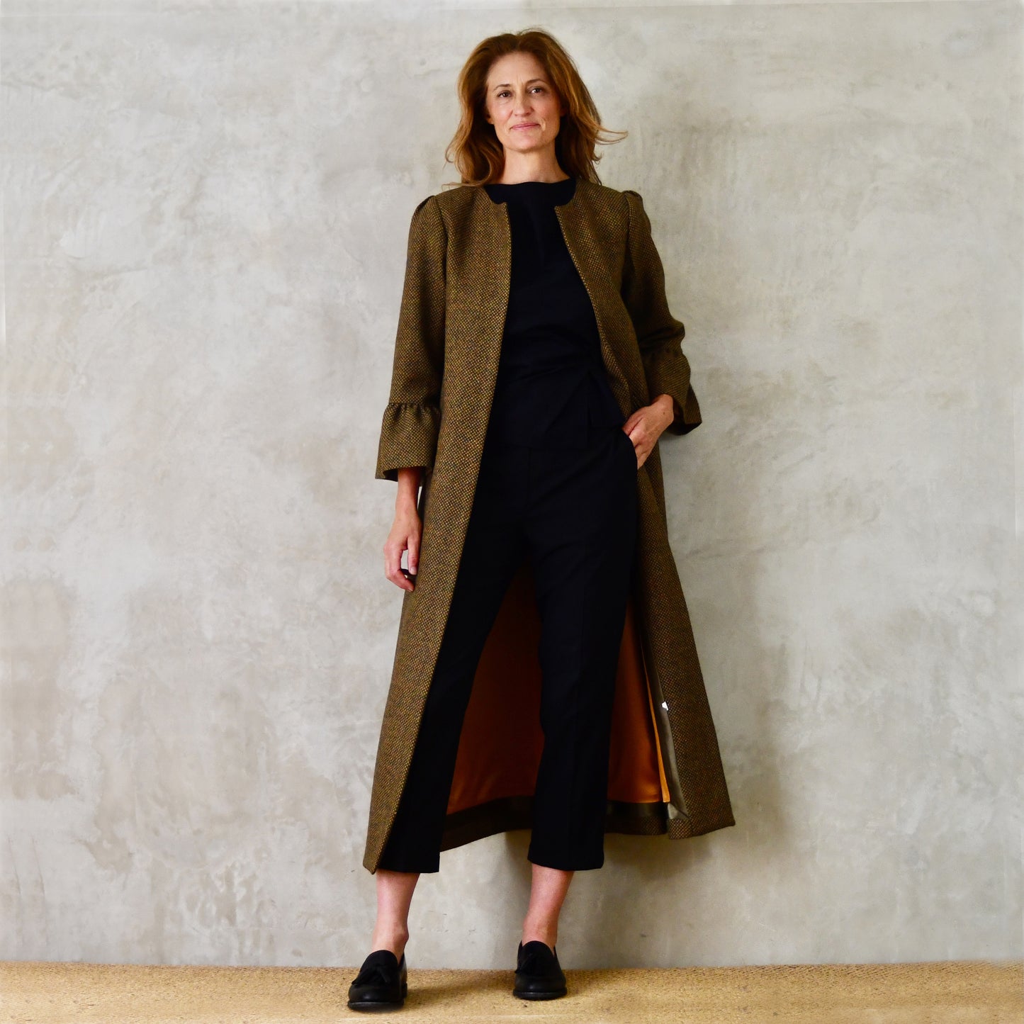 the delany coat in green-orange tiger eye tweed image 13