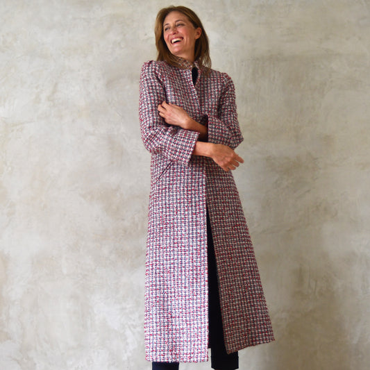 the bell coat in red, ecru and navy wool boucle image 0