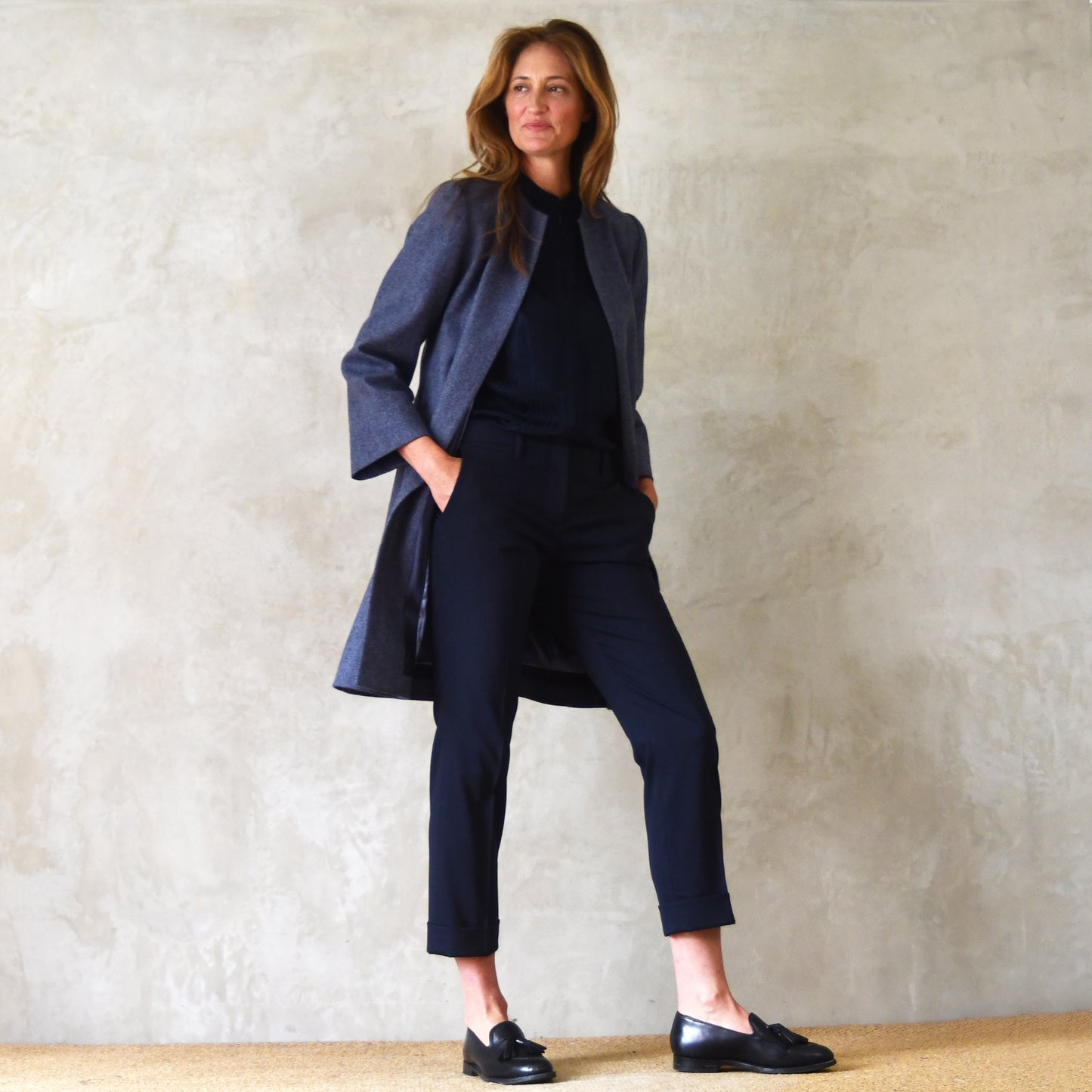 the garnett coat in blue herringbone lambswool tweed image 2