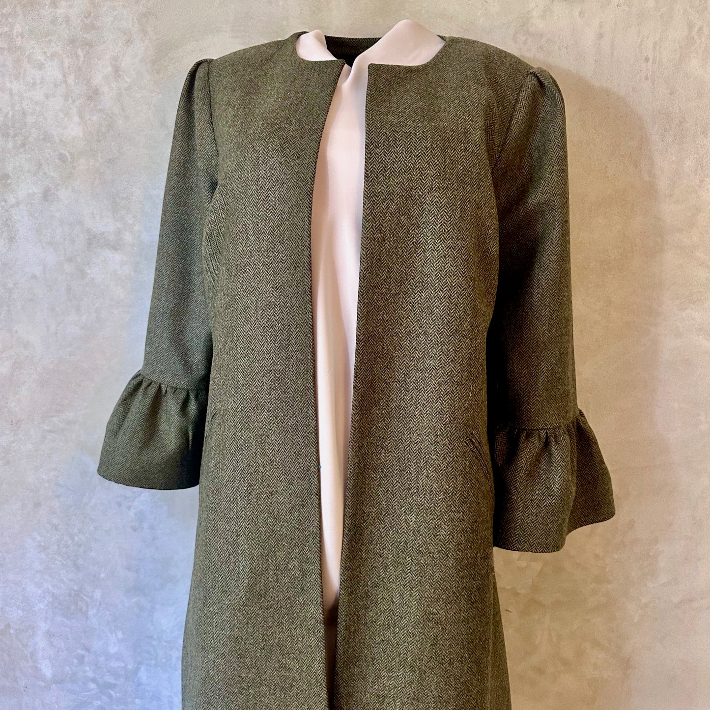 the brett coat in deep sage green lambswool herringbone tweed image 4
