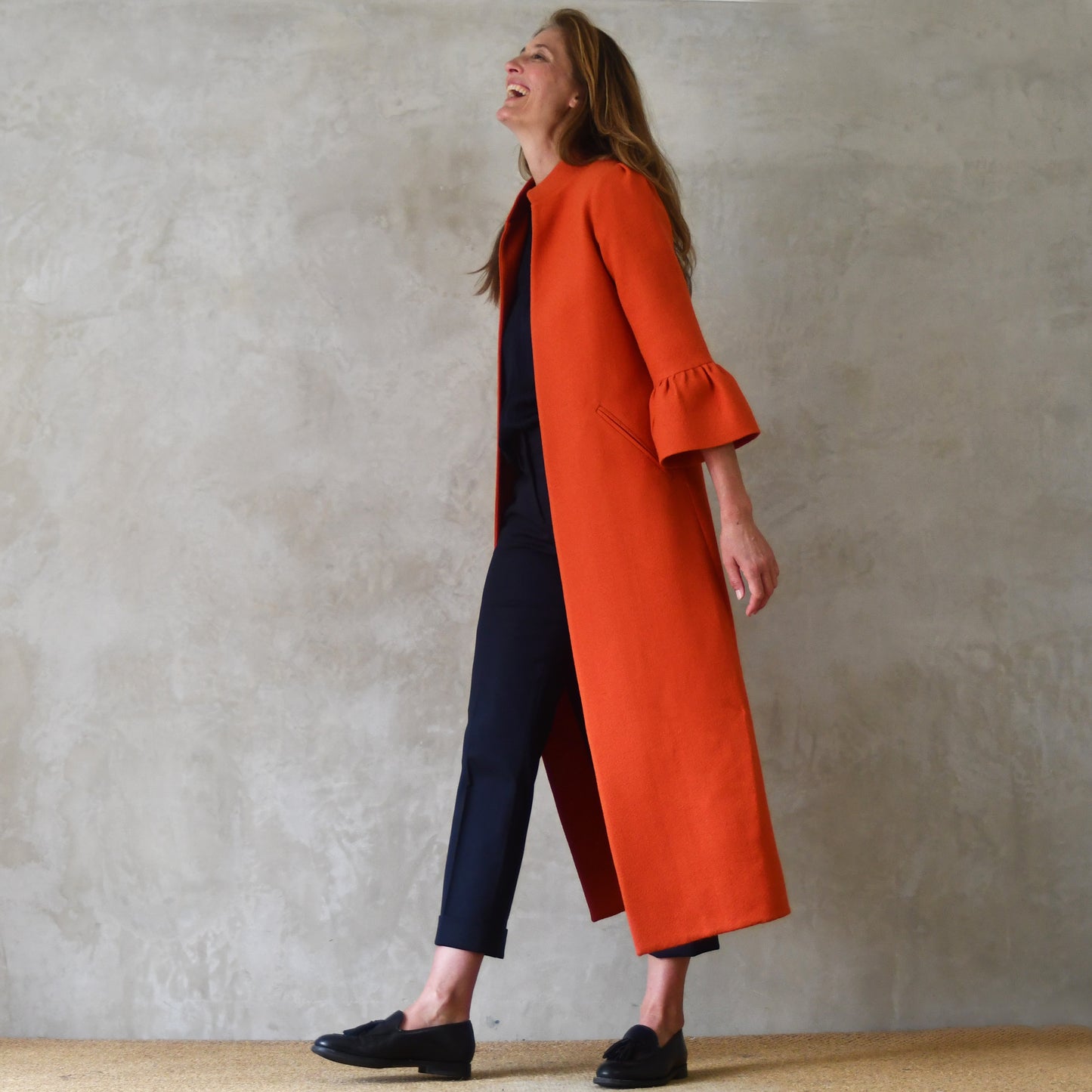 the delany coat in burnt orange wool crepe image 13